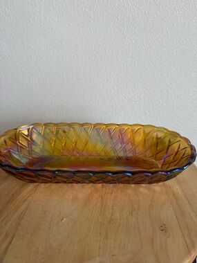 Vintage Indiana Glass Amber Gold Carnival Oval Serving Dish Basket Weave